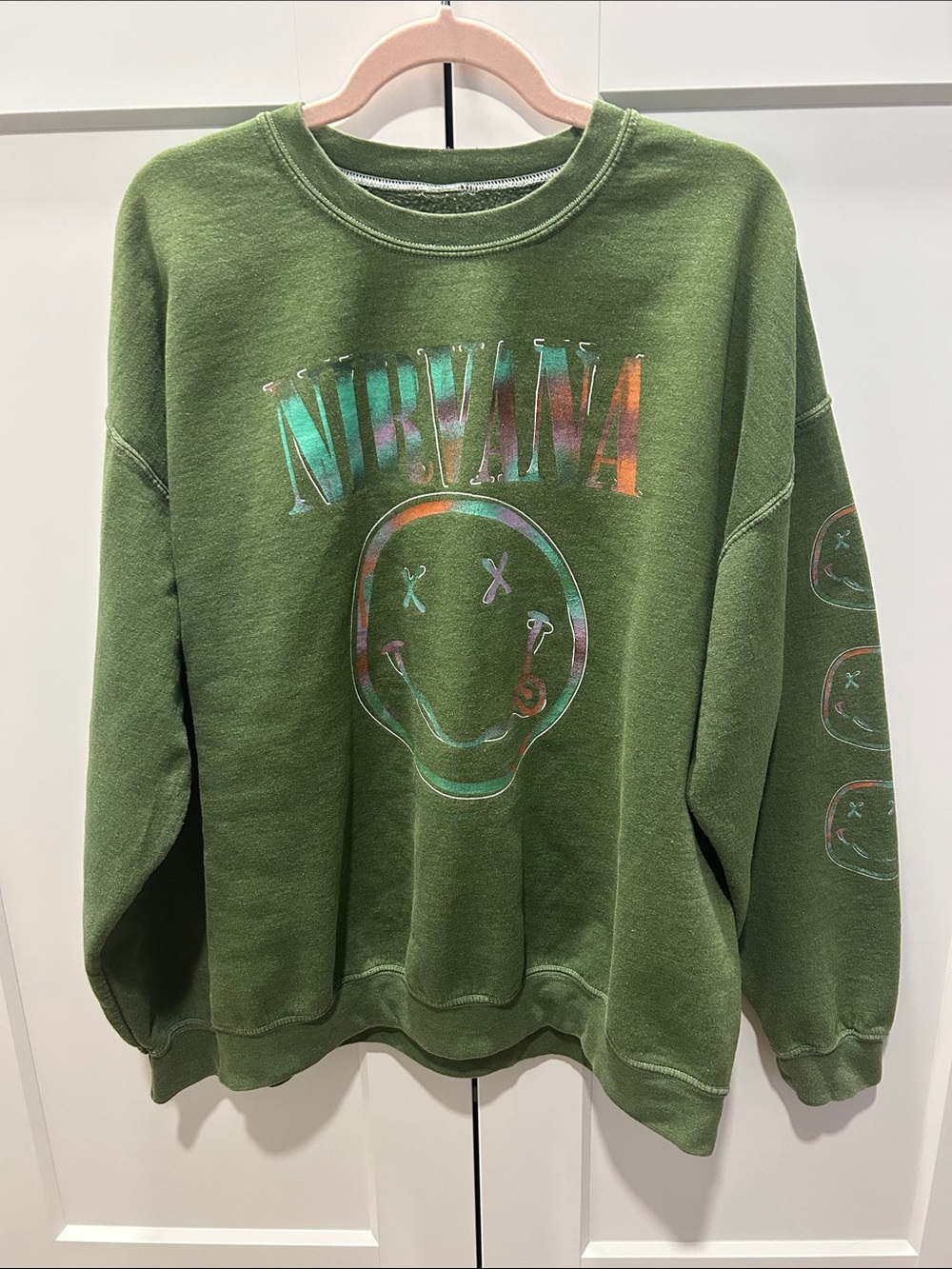 NIRVANA Olive Green Crewneck with Iridescent Logo